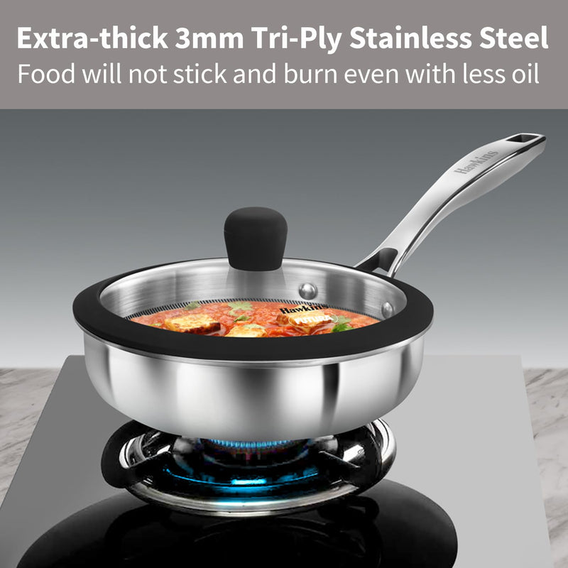 Hawkins Pro 18 cm Shielded Nonstick Triply Frying Pan, Fry Pan with Stainless Steel Handle and Glass Lid, Silver (PSNF18G)
