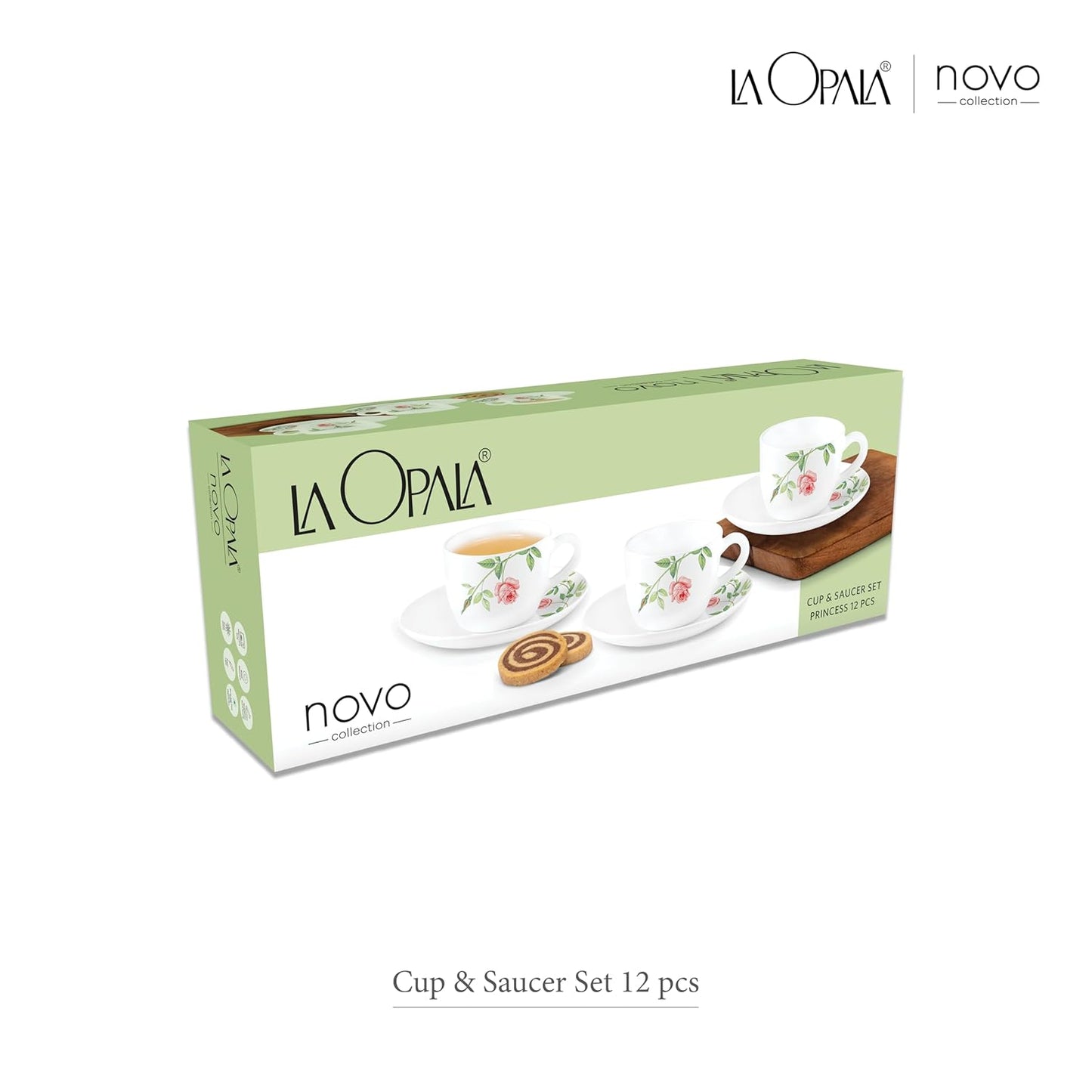 La Opala, Novo Collection Opal Glass Crockery | Cup & Saucer Princess, Set of 12 | Silken Charm, 150 ml | for Tea & Coffee | Microwave Safe | 100% Vegetarian | Extra Strong | Super Light | Super White