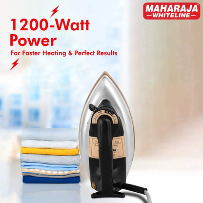 Maharaja Whiteline Classico Plancha 1200 Watt Dry Iron | Non-Stick Soleplate | Heavy Body | Temprature Control | Ergonomic handle (Black), 1200 watts, Stainless Steel