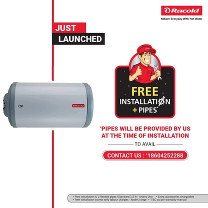 Racold CDR DLX 15ltr Horizontal (LEFT SIDE) Water Heater with Free Installation & Pipes||Fits Under False Ceilings|Titanium Enameled Coating|| Warranty:7 Yr Tank, 3 Yr Element, 2Yr Product
