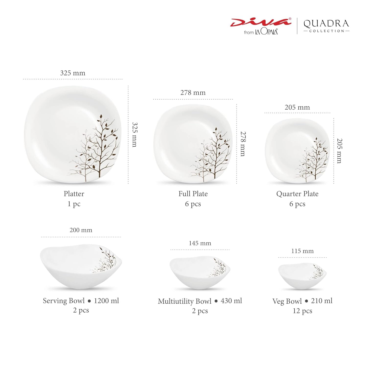 La Opala Diva, Quadra Collection, Opal Glass Dinner Set 29 pcs, Autumnal, White, Standard