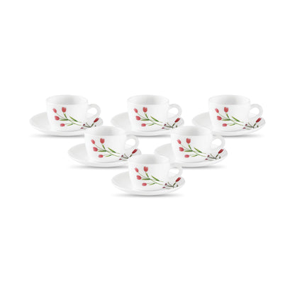 La Opala, Novo Collection Opal Glass Crockery | Cup & Saucer Princess, Set of 12 | English Lavender, 150 ml | for Tea & Coffee | Microwave Safe | 100% Vegetarian | Extra Strong | Super Light & White