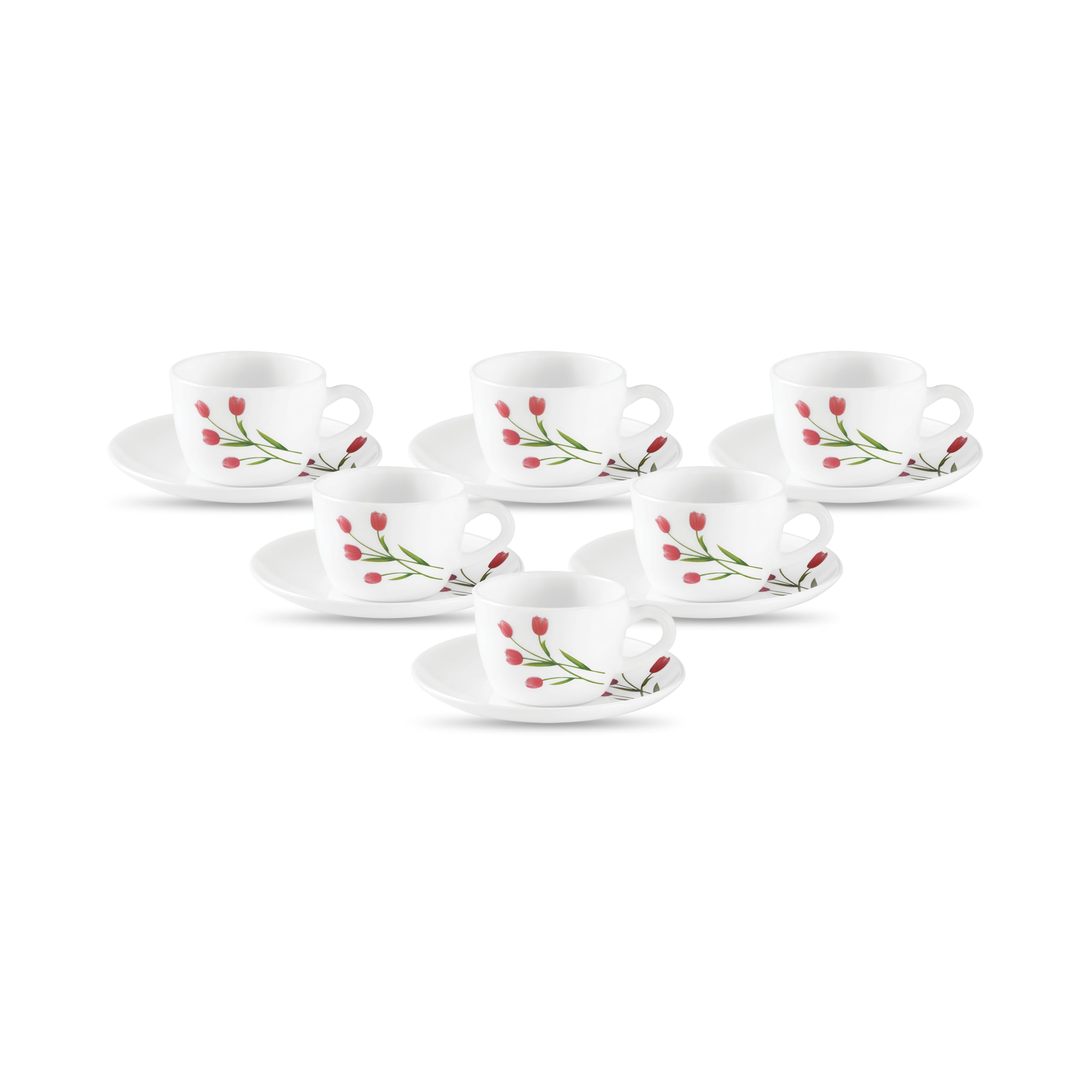 La Opala, Novo Collection Opal Glass Crockery | Cup & Saucer Lily, Set of 12 | Trinty Green, 150 ml | for Tea & Coffee | Microwave Safe | 100% Vegetarian | Extra Strong | Super Light | Super White