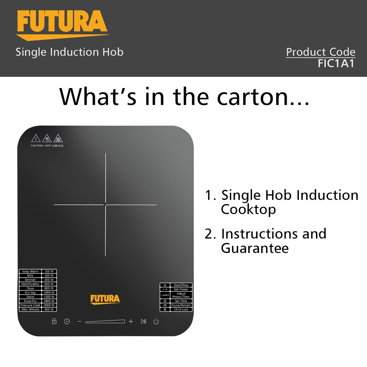 Hawkins Futura Single Induction Hob, 2000-W Cooktop with 20 Power Settings, Precise Time Setting Intervals, Child Lock, Black (FIC1A1)