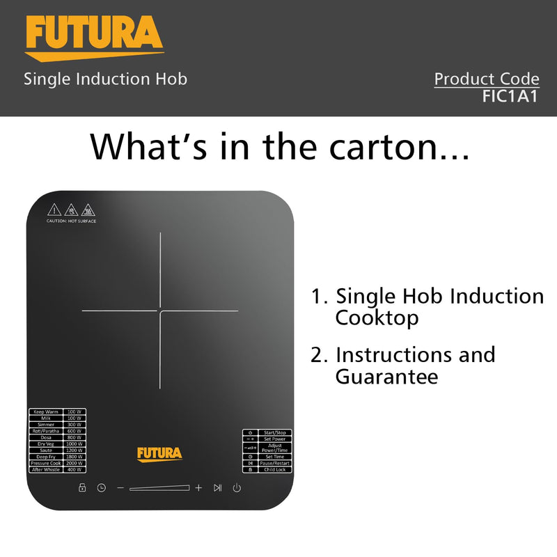 Hawkins Futura Single Induction Hob, 2000-W Cooktop with 20 Power Settings, Precise Time Setting Intervals, Child Lock, Black (FIC1A1)