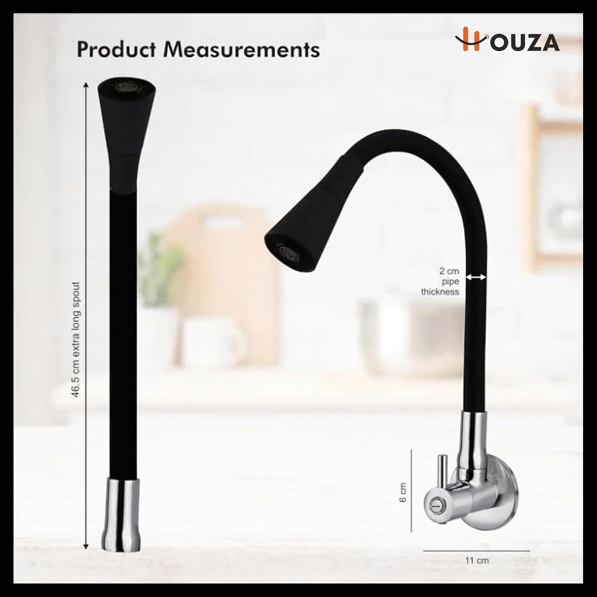 HOUZA Brass Kitchen Sink Tap Faucet with Pull Down Sprayer | Kitchen Tap with 360 Degree Flexible Silicon Swivel Spout | Water Saving Aerated Dual Flow Kitchen Faucet for Sink (Chrome Finish, Black)