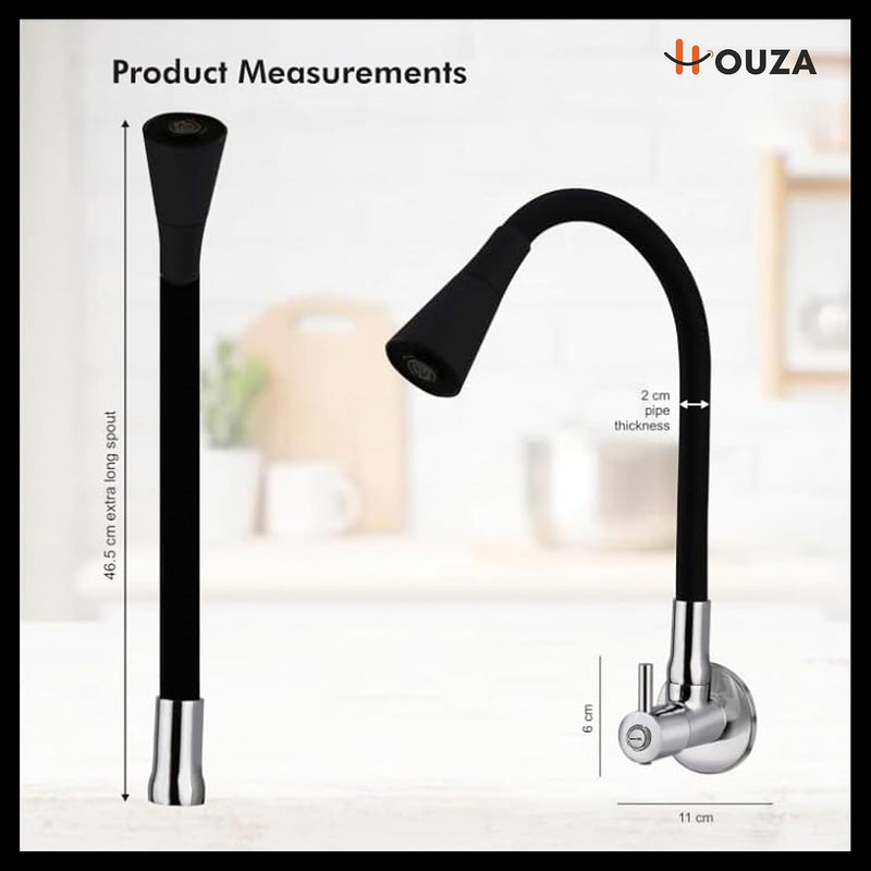 HOUZA Brass Kitchen Sink Tap Faucet with Pull Down Sprayer | Kitchen Tap with 360 Degree Flexible Silicon Swivel Spout | Water Saving Aerated Dual Flow Kitchen Faucet for Sink (Chrome Finish, Black)