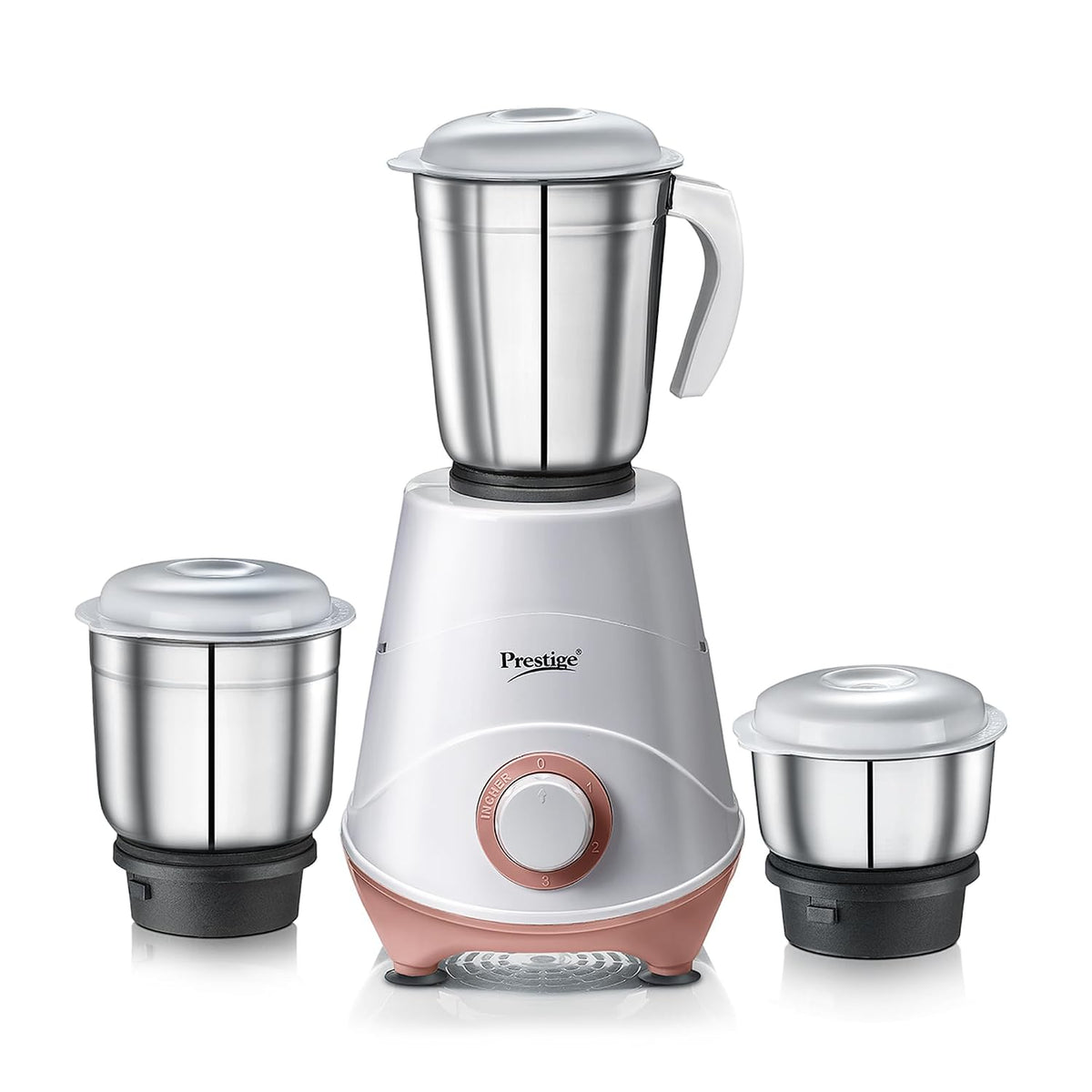 Prestige 500W Nexus Mixer Grinder with 3 Stainless Steel jars|1200ml Wet Jar,800ml dry jar, 400ml chutney jar|3 Super-efficient Blades|3 motor setting|Sturdy Handles |2 Yrs Warranty|White & Rose Gold