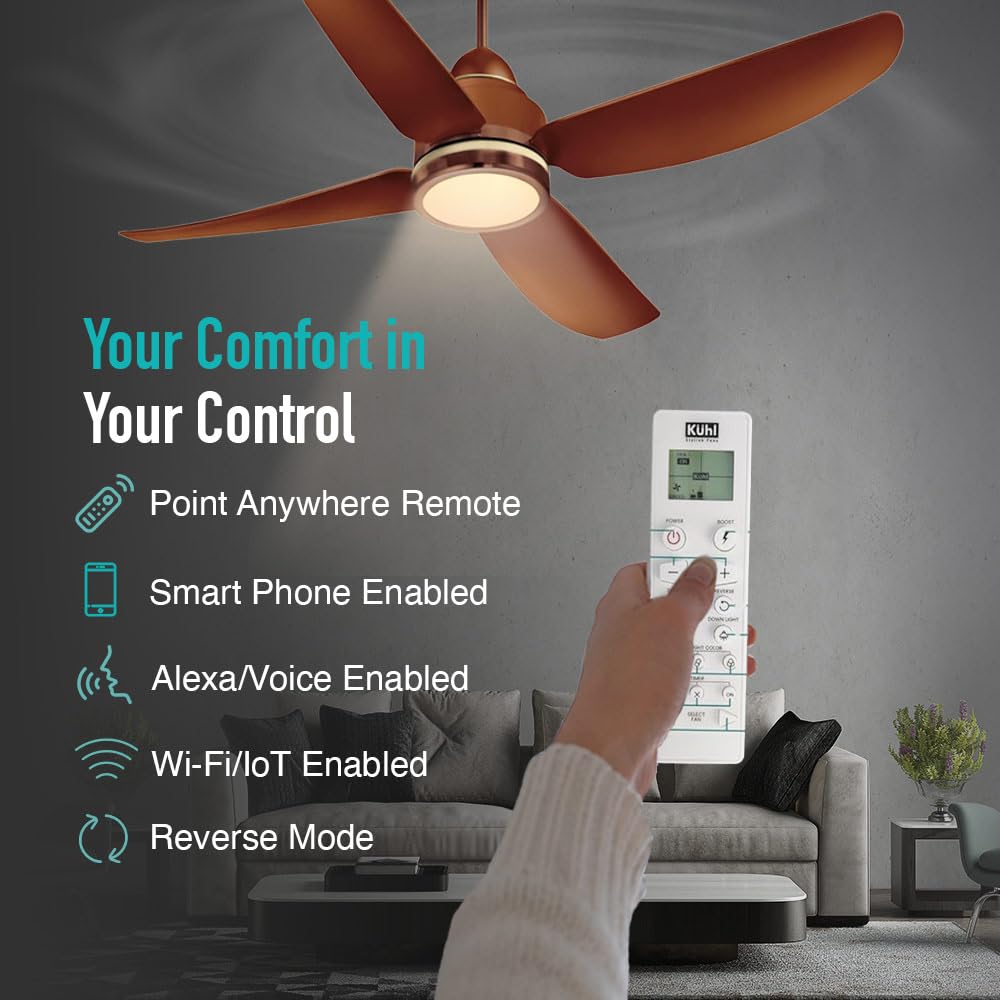 KUHL Luxus C4 1200mm Stylish 65% Power Saving BLDC Ceiling Fan with Remote | Night & Down Light | 29W | BEE 5 Star | Low Noise | IoT –Operate via Mobile & Alexa|Reverse Mode|Free Installation|Brown