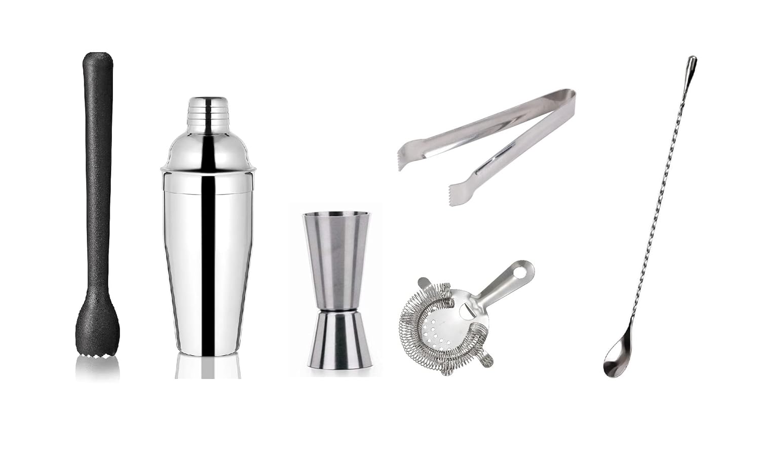 Dynore Stainless Steel 6 Pcs Bartender Martini Kit Bar Set - Teardrop Bar Spoon, Cocktail Shaker 500 ml, Tall peg Measure 30/60 ml, Black PVC Muddler, Ice Tong, Cocktail Strainer- Set of 6