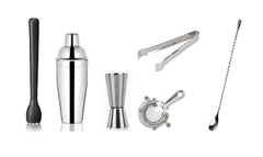 Dynore Stainless Steel 6 Pcs Bartender Martini Kit Bar Set - Teardrop Bar Spoon, Cocktail Shaker 500 ml, Tall peg Measure 30/60 ml, Black PVC Muddler, Ice Tong, Cocktail Strainer- Set of 6