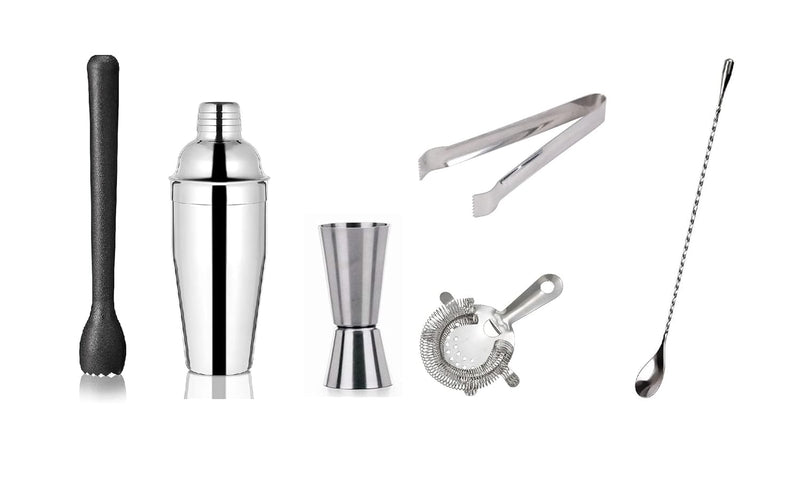 Dynore Stainless Steel 6 Pcs Bartender Martini Kit Bar Set - Teardrop Bar Spoon, Cocktail Shaker 500 ml, Tall peg Measure 30/60 ml, Black PVC Muddler, Ice Tong, Cocktail Strainer- Set of 6