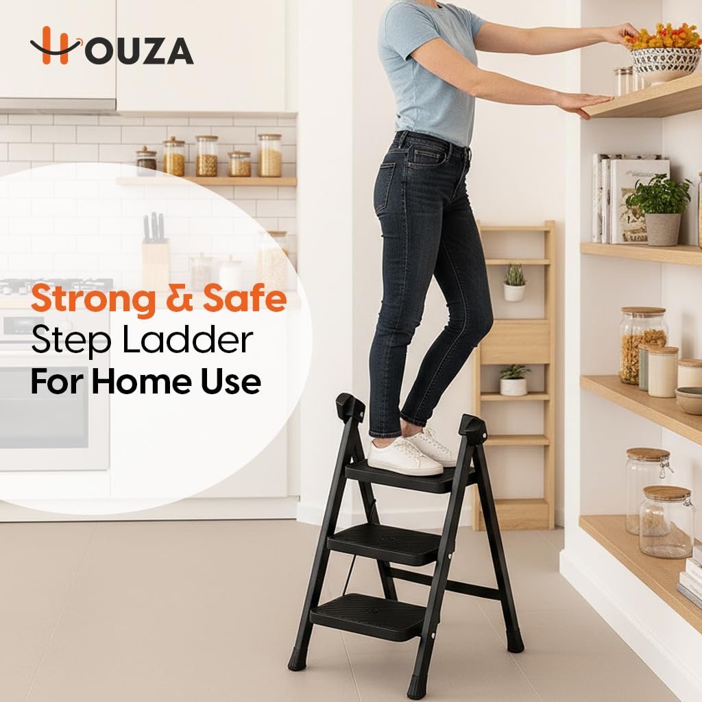 HOUZA Steel Ladder for Home 3 Steps Foldable with Anti-Skid Wide Steps (30cm x 20cm) | 3 Step Ladder for Home Use with D-Shape Rods | Secure Lock | 150 Kg Capacity Folding Ladder | 5 Year Warranty