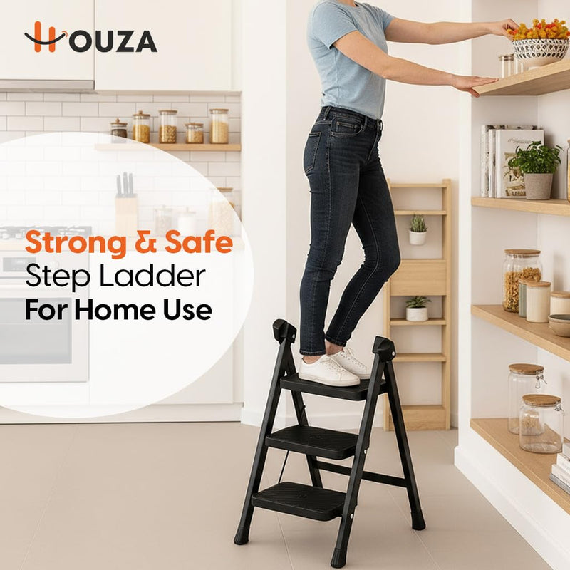 HOUZA Steel Ladder for Home 3 Steps Foldable with Anti-Skid Wide Steps (30cm x 20cm) | 3 Step Ladder for Home Use with D-Shape Rods | Secure Lock | 150 Kg Capacity Folding Ladder | 5 Year Warranty