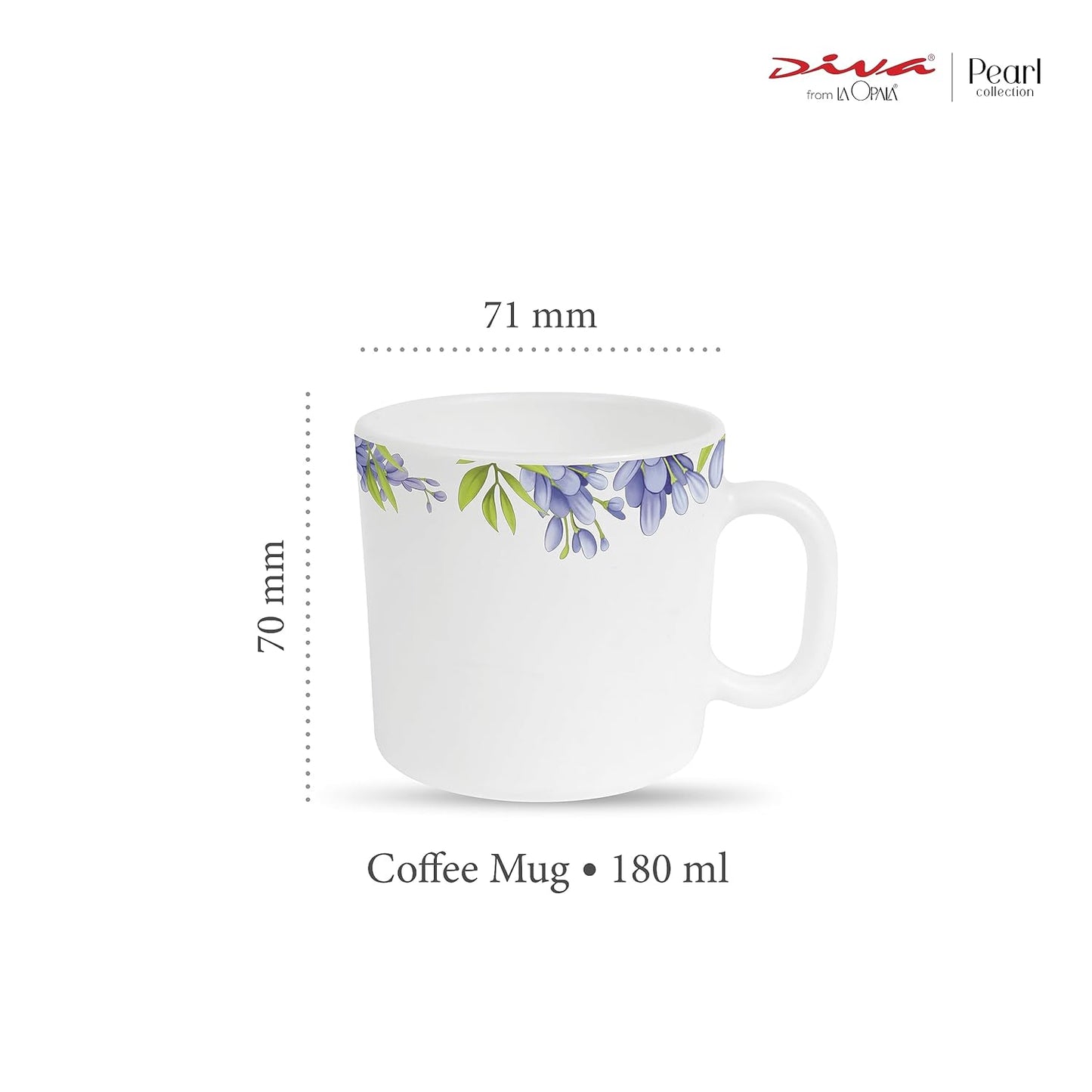 La Opala Diva, Pearl Collection Opal Glass Crockery | Coffee Mug Regular, Set of 6 | Lively Hues, 190 ml | for Tea & Coffee | Microwave Safe | 100% Vegetarian | Extra Strong | Super Light & White