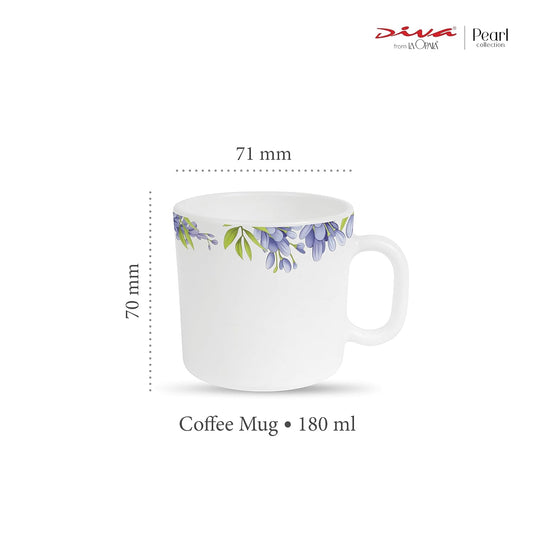 La Opala Diva, Pearl Collection Opal Glass Crockery | Coffee Mug Regular, Set of 6 | Lively Hues, 190 ml | for Tea & Coffee | Microwave Safe | 100% Vegetarian | Extra Strong | Super Light & White