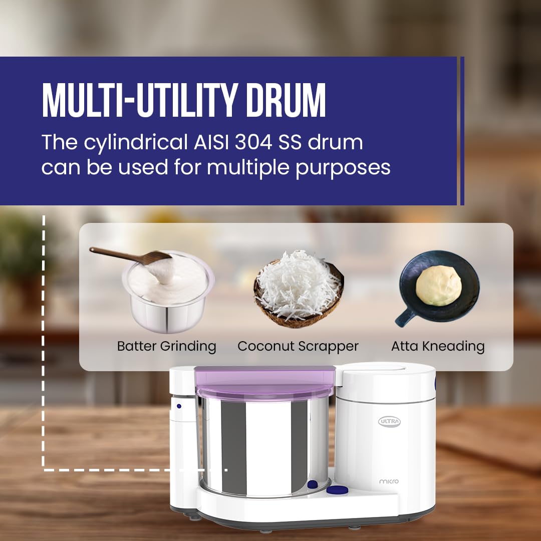 ULTRA Abs Plastic Micro 1.75 Litre Table Top Wet Grinder - White| Fast Grinding Conical Stones,85W Power & 5 Years Warranty|AISI 304 Food-Grade SS Multi Utility Cylindrical Type Drum