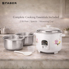 Faber 1.8L Rice Cooker|700watts|2 Stainless Steel Pot|Cool&Warm Mode|Floral White Finish| 2yrs Warranty on Product & 5yr
