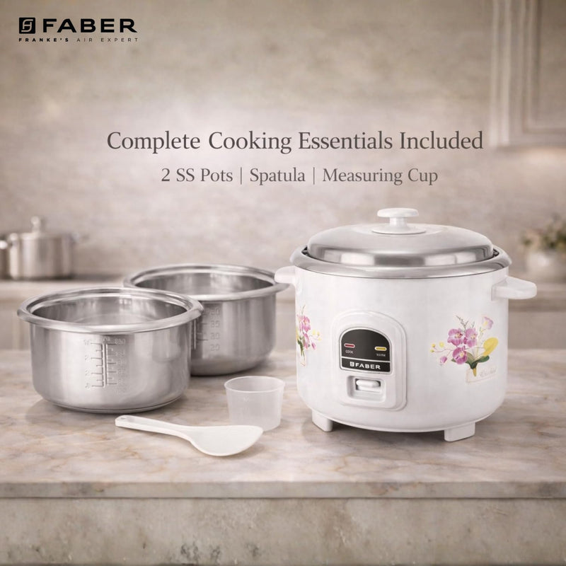 Faber 1.8L Rice Cooker|700watts|2 Stainless Steel Pot|Cool&Warm Mode|Floral White Finish| 2yrs Warranty on Product & 5yr
