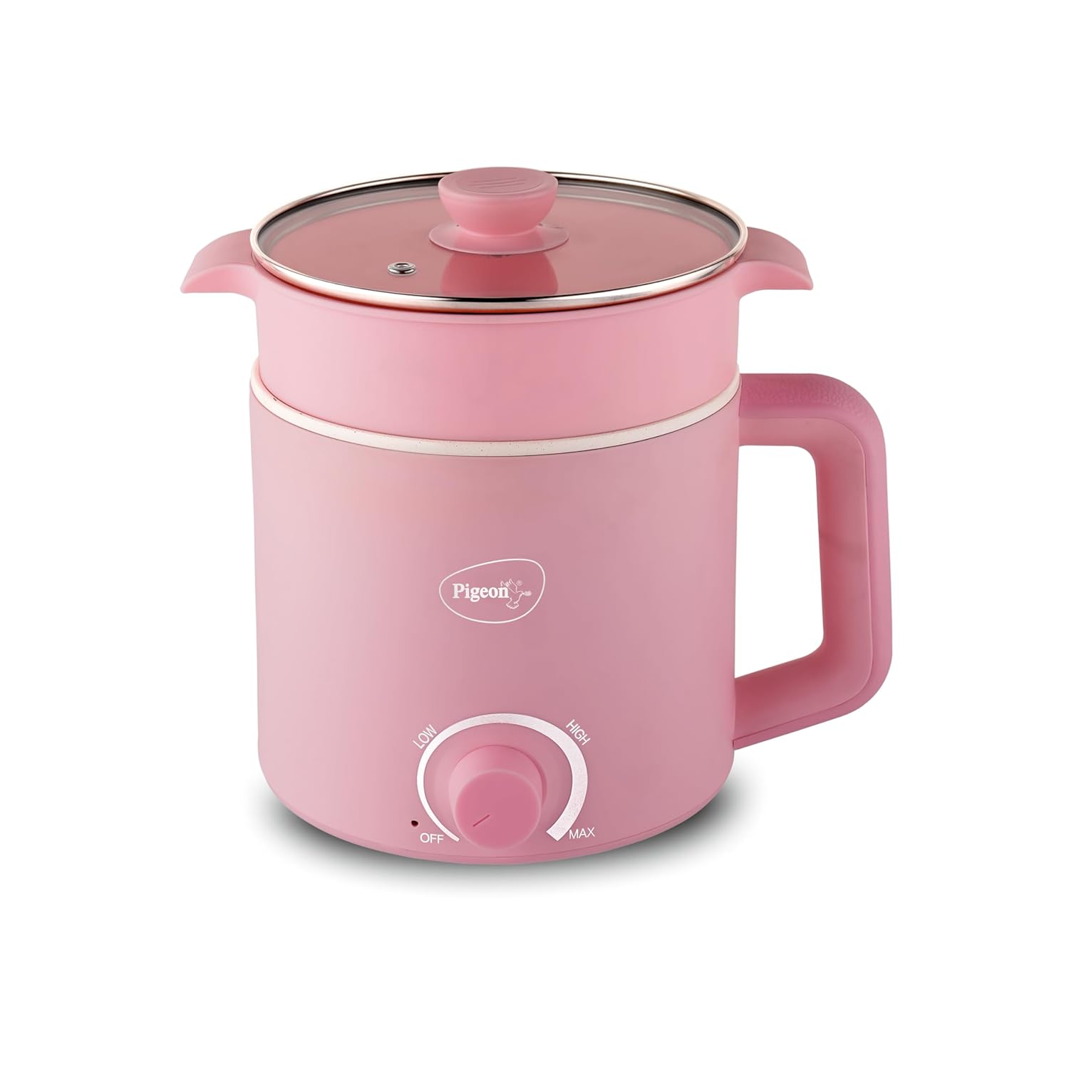 Pigeon By Stovekraft Swift Plus Multi-Cook Kettle 1.5L, With Steamer, Egg Rack - Pink | Black | Double Layered | Food Grade Stainless Steel Inner Wall | Glass Lid | Auto Shut-Off, 600 Watts