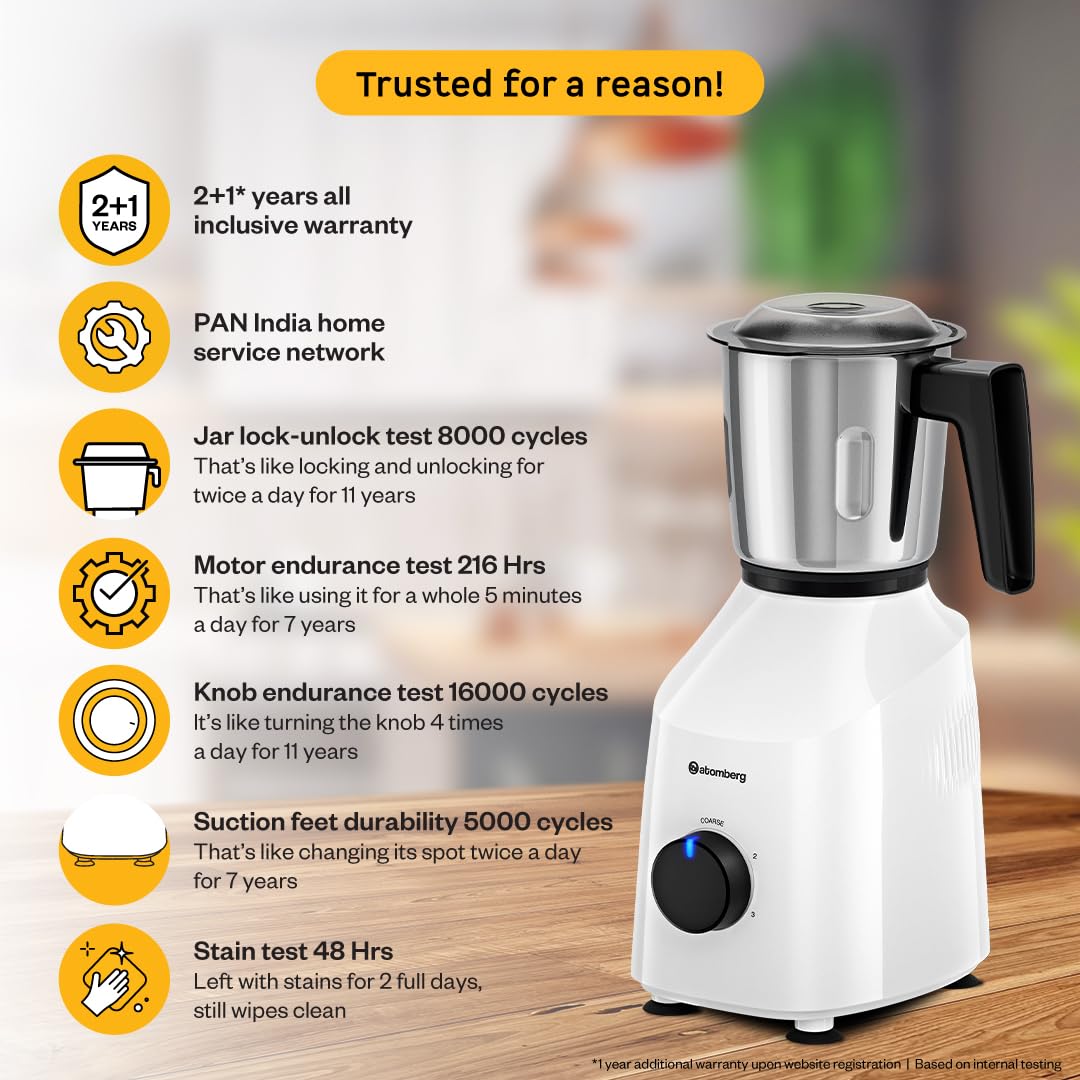 Atomberg Xiana 750 Watt Mixer Grinder | 3 Multipurpose Stainless Steel Jars | Coarse Mode for Silbatta-Like Textures | Powerful Intelligent Motor | Easy Fault LED Indication | Snow White