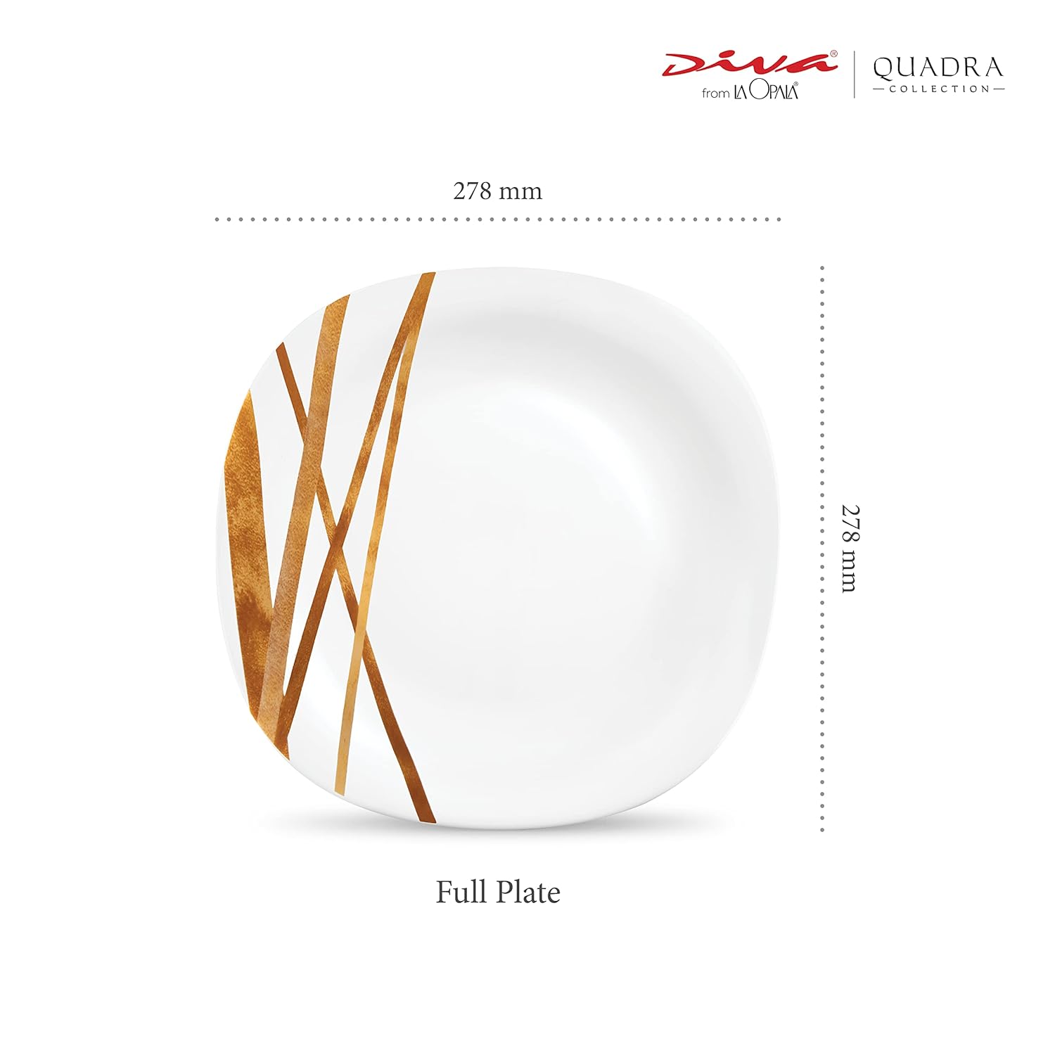 La Opala Diva Quadra Collection Opal Glass Crockery | Full Plate Set of 6 Golden Shades | Square Dinner Plate for Dining & Gifting | Microwave Safe | 100% Vegetarian | Extra Strong | Light & White
