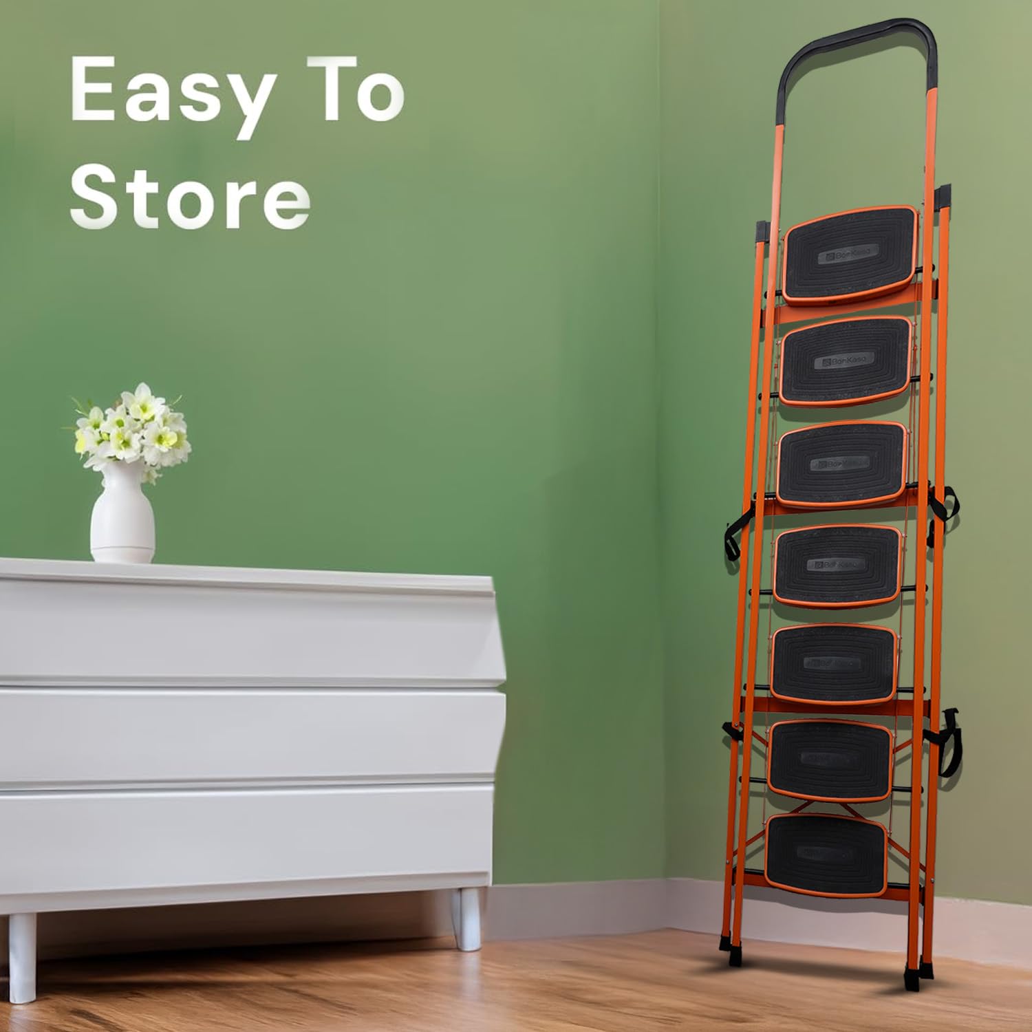 BonKaso Climb Steady Premium Alloy Steel Heavy Duty Multipurpose Foldable 7 Step Ladder with Connecting Frame & Belt Support, Load Capacity Upto 120kg | for Home and Outdoor - (Orange)