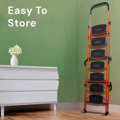 BonKaso Climb Steady Premium Alloy Steel Heavy Duty Multipurpose Foldable 7 Step Ladder with Connecting Frame & Belt Support, Load Capacity Upto 120kg | for Home and Outdoor - (Orange)