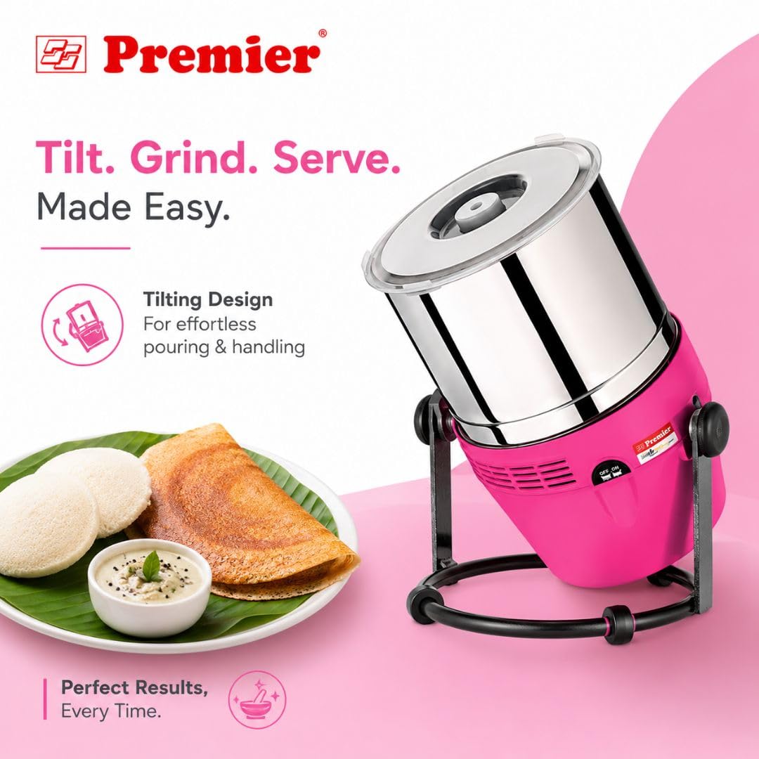 Premier Lifestyle टिल्टिंग वेट ग्राइंडर PG502 2 LTR 230 V | पिंक (गुलाबी) | इनोवेटिव टिल्टिंग डिज़ाइन, शक्तिशाली 200W मोटर, स्टाइलिश फिनिश, ग्राइंडिंग बैटर्स, पेस्ट और मसालों के लिए आदर्श | 5 साल की