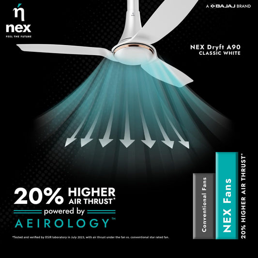 NNEX Dryft A90 1200 mm | BEE star Rated Premium Ceiling Fan | 20% Higher Air Thrust* | Airfluence™ ABS Blades For Low Noise | Adjustable Downrod | 2-Yr Warranty | Free Installation | Classic White