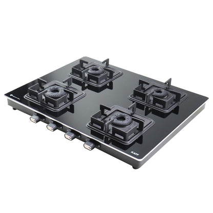 KAFF Gas Stove/Cooktop 4 Burners 63 CM, Black Coated Brass Burners With Auto Electric Ignition, Decorative SS Moulded Strip on All Sides for Edge Protection Black | CTQ634BAI