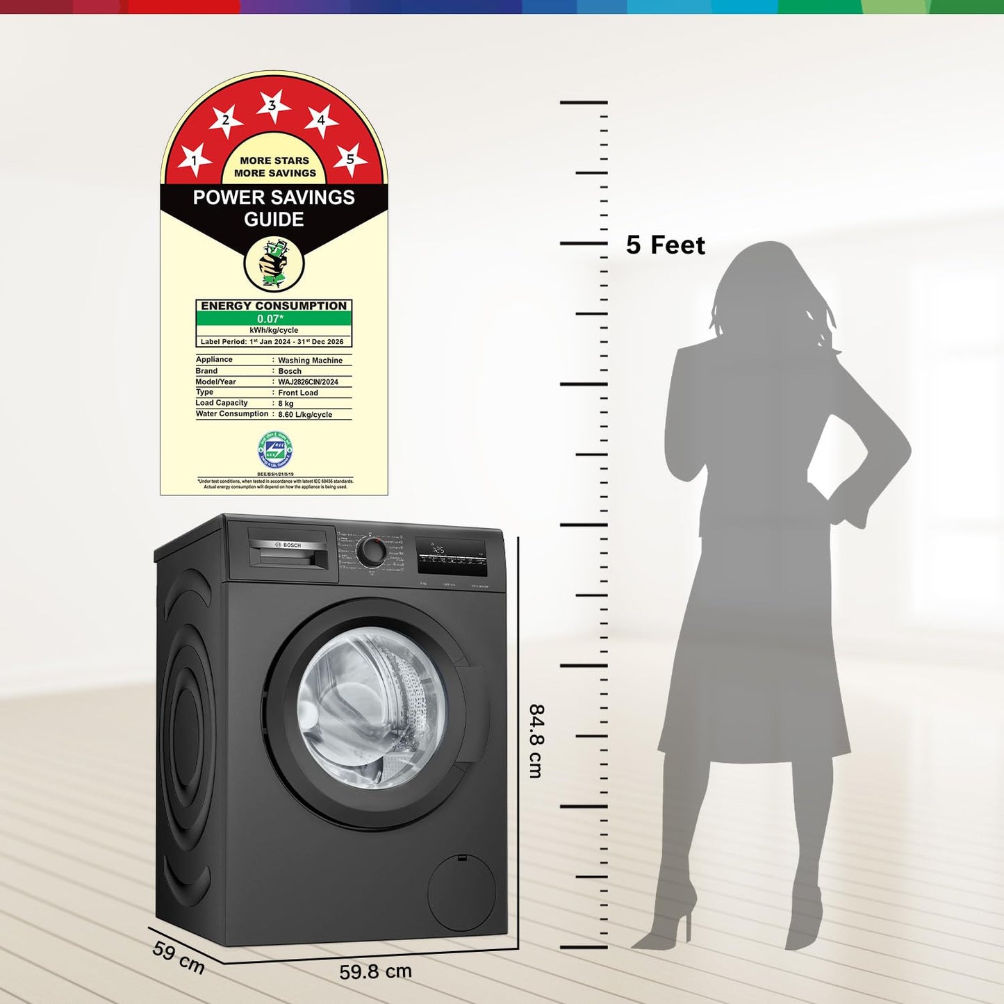 Bosch 8 kg 5 Star Fully-Automatic Front Loading Washing Machine (WAJ2826CIN, Black Grey, AI active water plus, In-Built Heater)