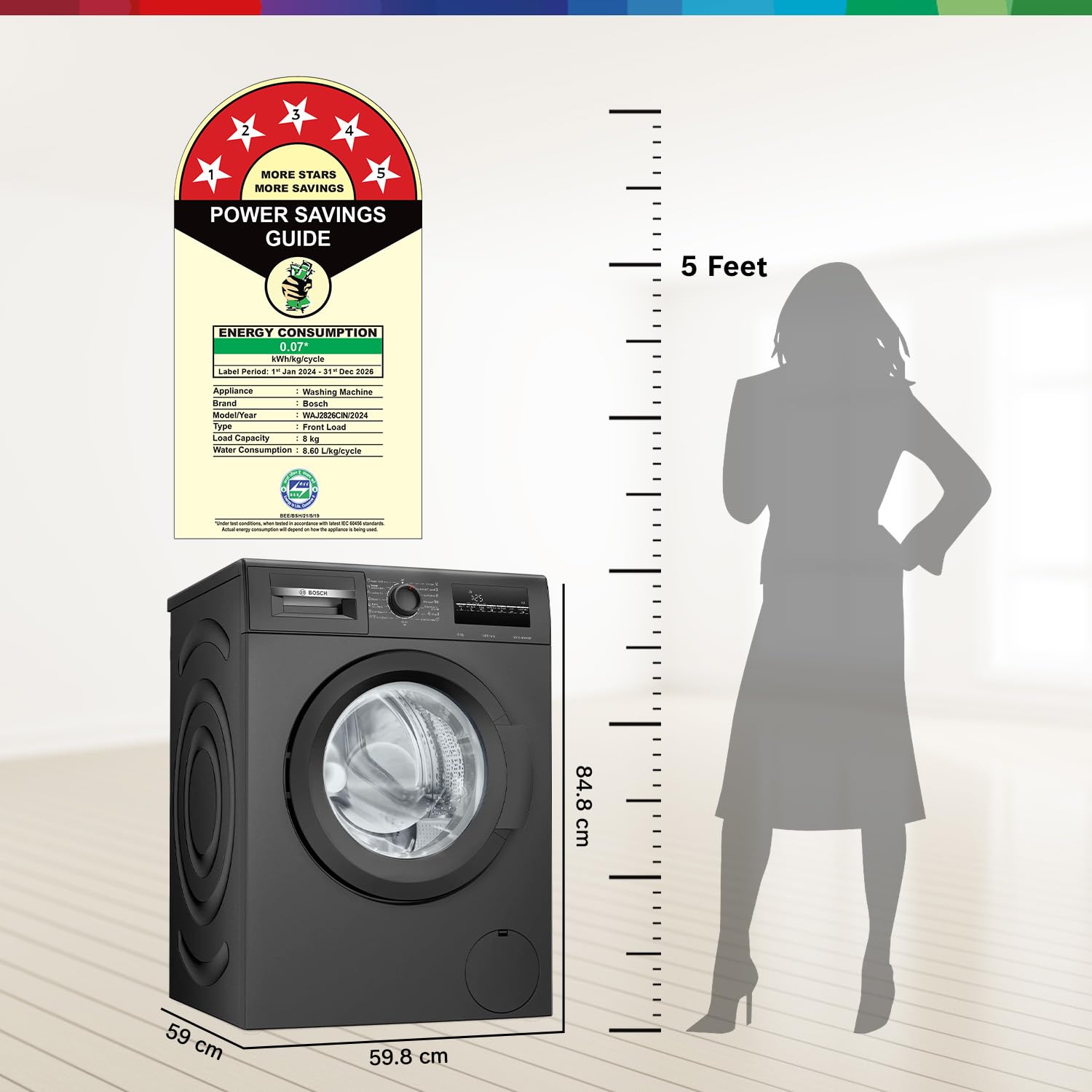 Bosch 8 kg 5 Star Fully-Automatic Front Loading Washing Machine (WAJ2826CIN, Black Grey, AI active water plus, In-Built Heater)