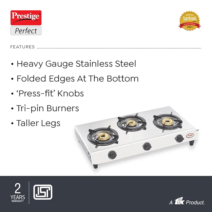 Prestige Gas Stove Perfect - Three Burner, Manual Ignition, Metallic Silver