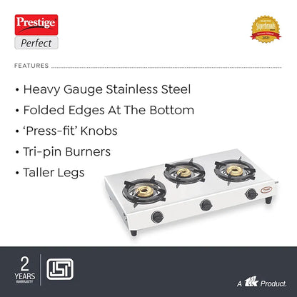 Prestige Gas Stove Perfect - Three Burner, Manual Ignition, Metallic Silver