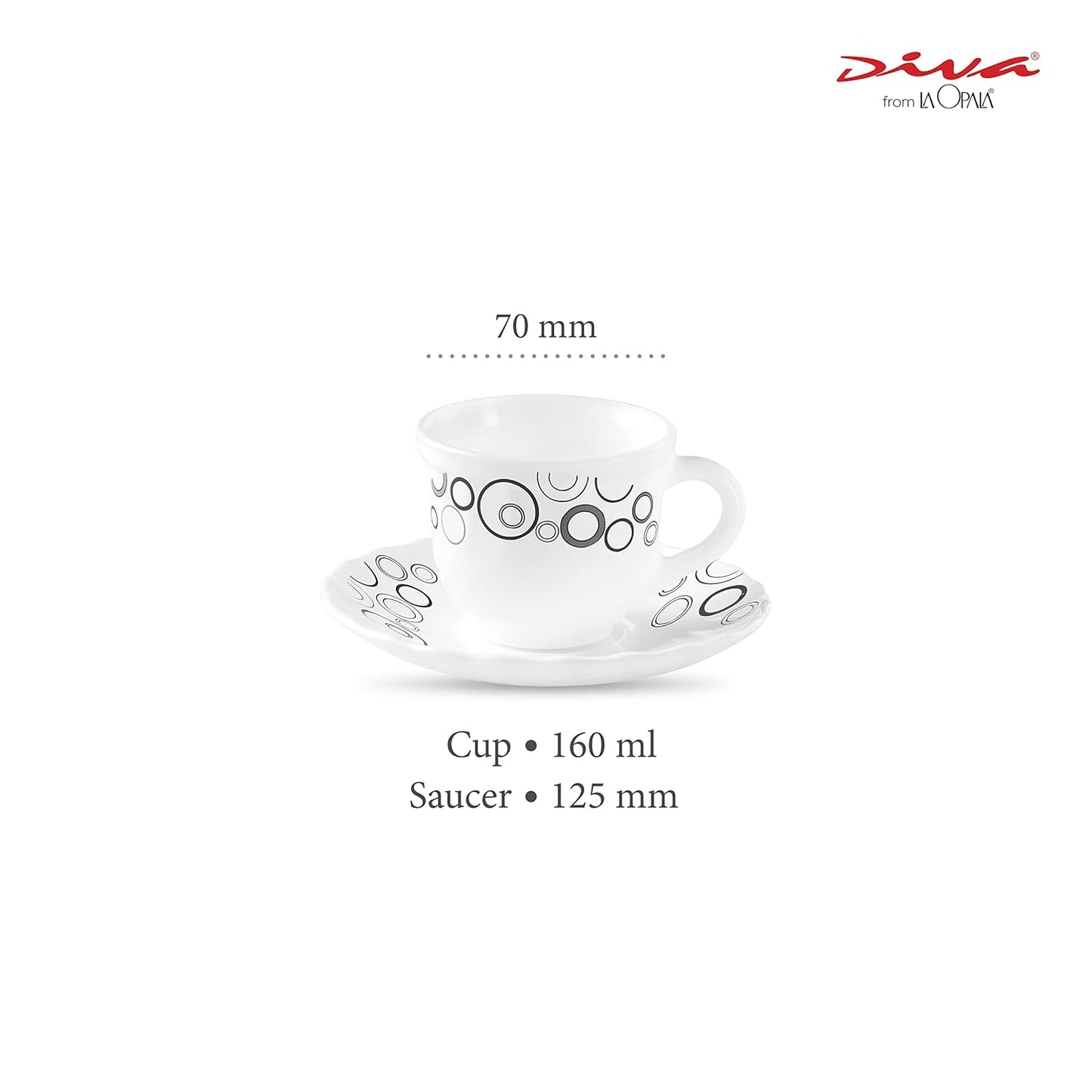 La Opala Diva, Opal Glass Crockery | Cup & Saucer Tulip Regular, Set of 12 | Misty Drops, 160 ml | for Tea & Coffee | Microwave Safe | 100% Vegetarian | Extra Strong | Super Light | Super White