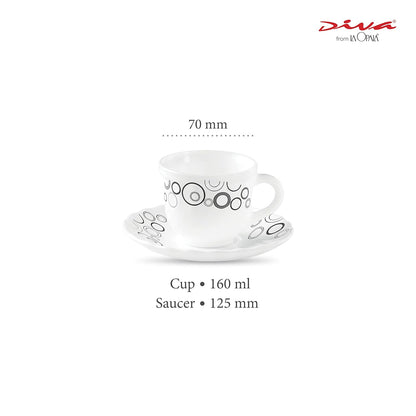 La Opala Diva, Opal Glass Crockery | Cup & Saucer Tulip Regular, Set of 12 | Misty Drops, 160 ml | for Tea & Coffee | Microwave Safe | 100% Vegetarian | Extra Strong | Super Light | Super White
