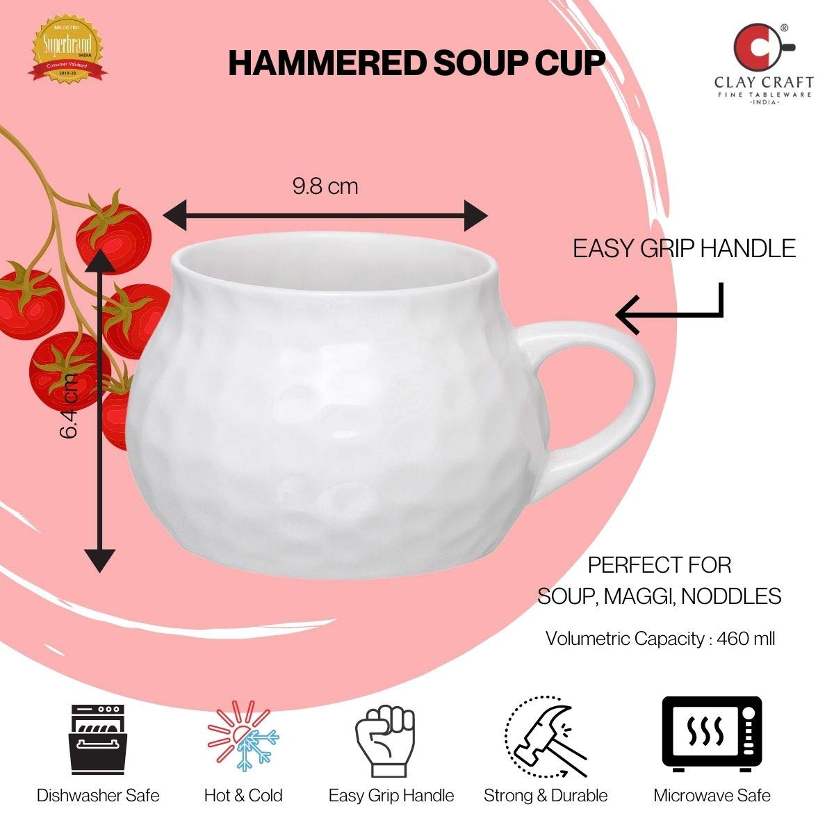 Clay Craft Basics - Ceramic Checkered Hammered Soup Maggie and Noodle Cup, 460ml, 2 Pieces, Multicolour