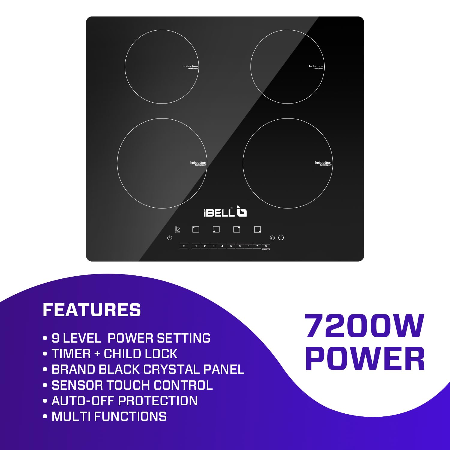 iBELL EMINENCE04 Induction Hob 7200W, 3-YEAR WARRANTY, Spacious cooktop with 9 Power Levels, Touch panel and Toughend Glass Top, [Black]