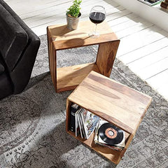 Sheesham Wood Bedside Table for Bedroom, Nested Cube - Set of 2 | Durable and Sturdy End Table | Home Decor Cof