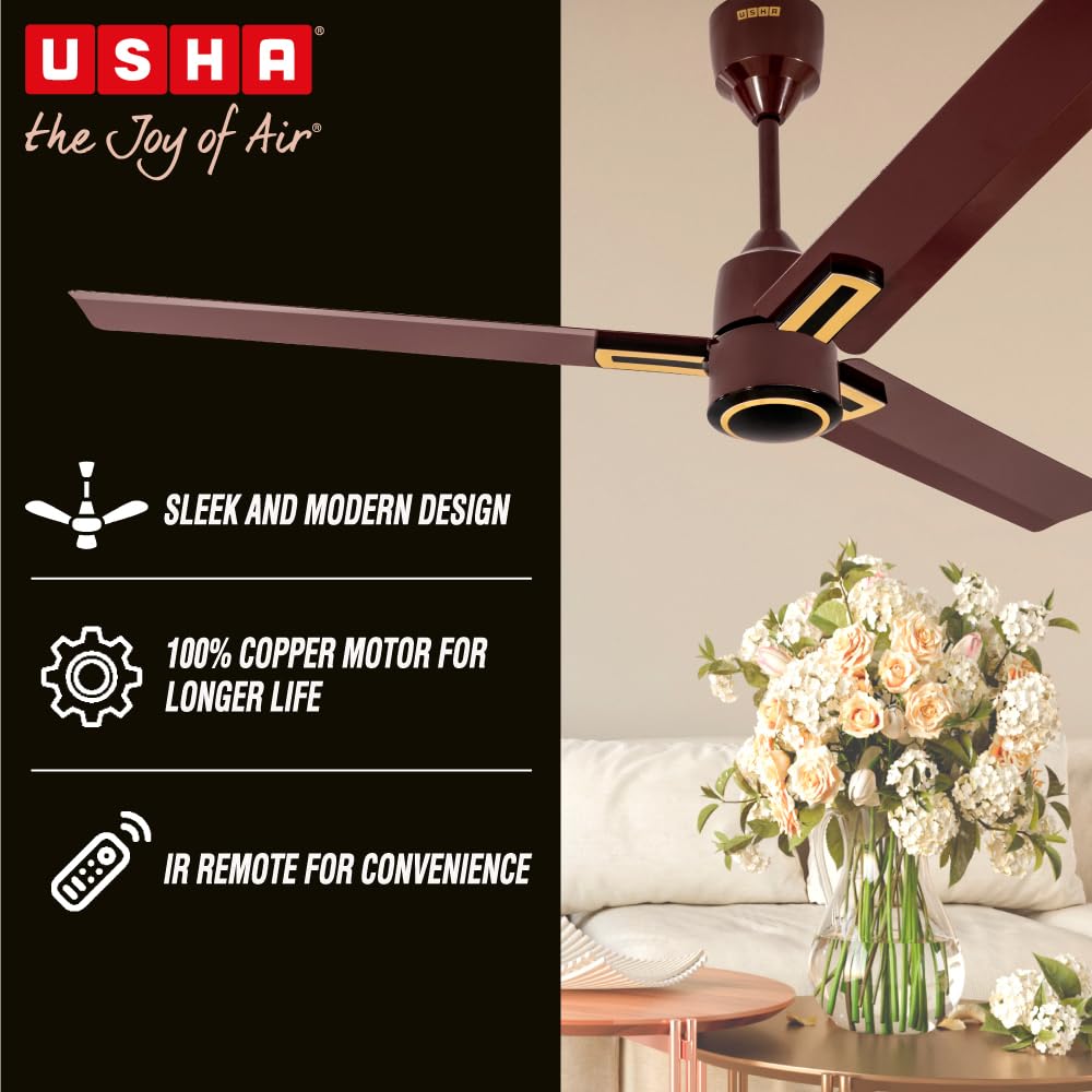 USHA AeroEdge Plus 1200mm BLDC Ceiling Fan with IR Remote | LED Indicator | BEE 5 Star Rated Energy Efficient | 100% Copper Motor | High Air Delivery 220CMM | 2 Year Warranty | (Brown)