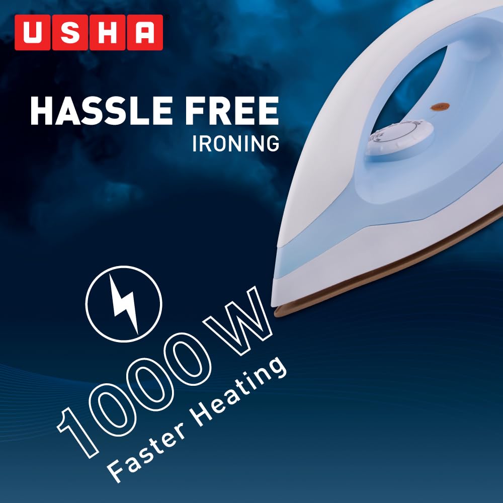 USHA EI 3802 1000W Dry Iron with Double Coat Golden Weilburger Soleplate, 180° Swivel Cord, Easy Fabric Selector & Overheat Protection (Blue/White)