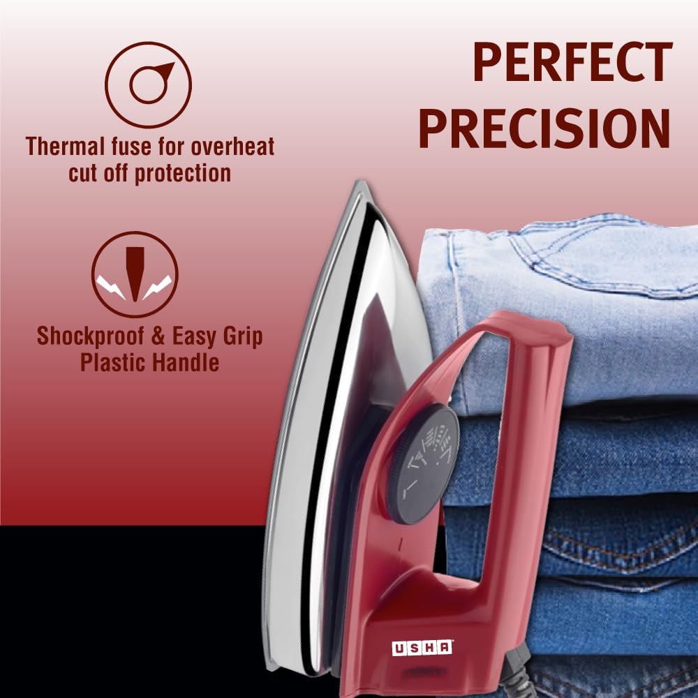 USHA EI 4175-M 750W ULTRA LIGHT WEIGHT ELECTRIC IRON WITH NON STICK PTFE COATED (BLACK WEILBURGER) SOLE PLATE, MAROON