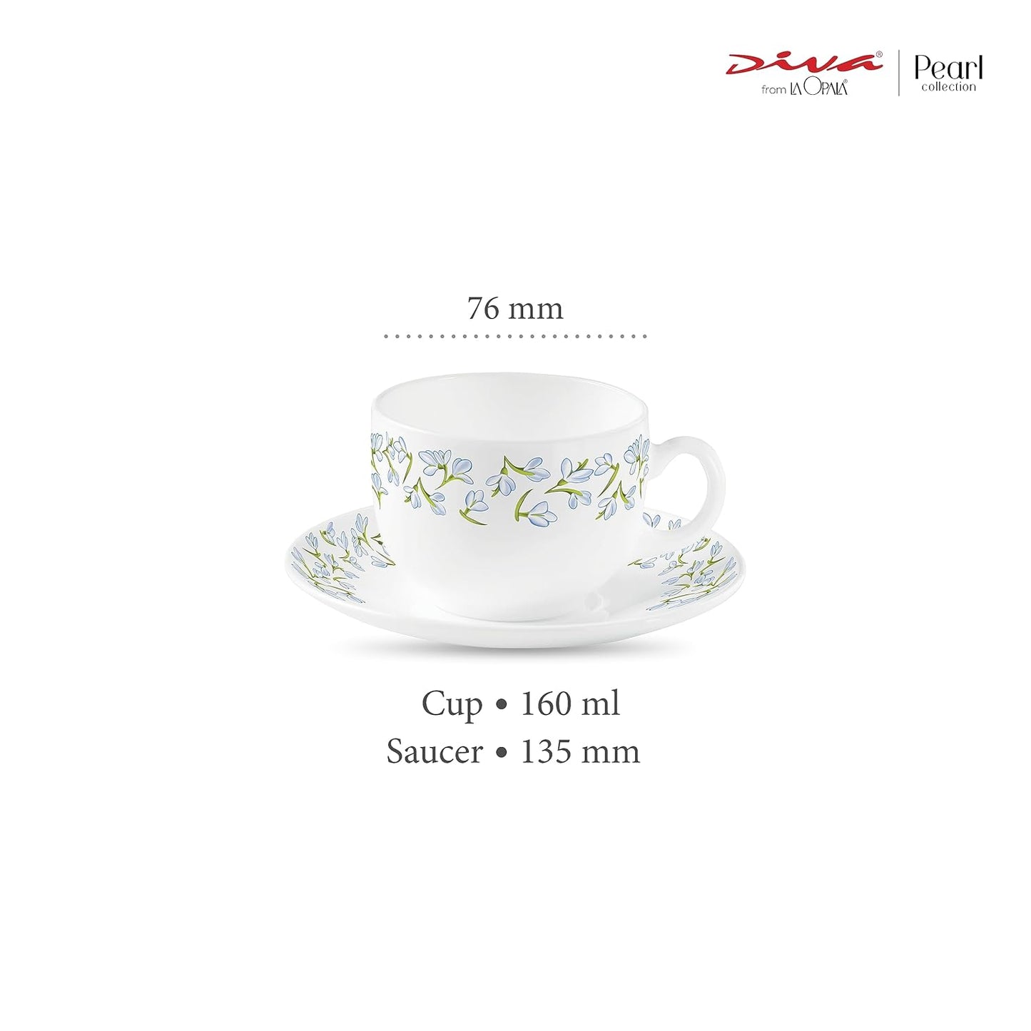 La Opala Diva, Pearl Collection Opal Glass Crockery | Cup & Saucer, Set of 12 | Silky Cluster, 160 ml | for Tea & Coffee | Microwave Safe | 100% Vegetarian | Extra Strong | Super Light | Super White