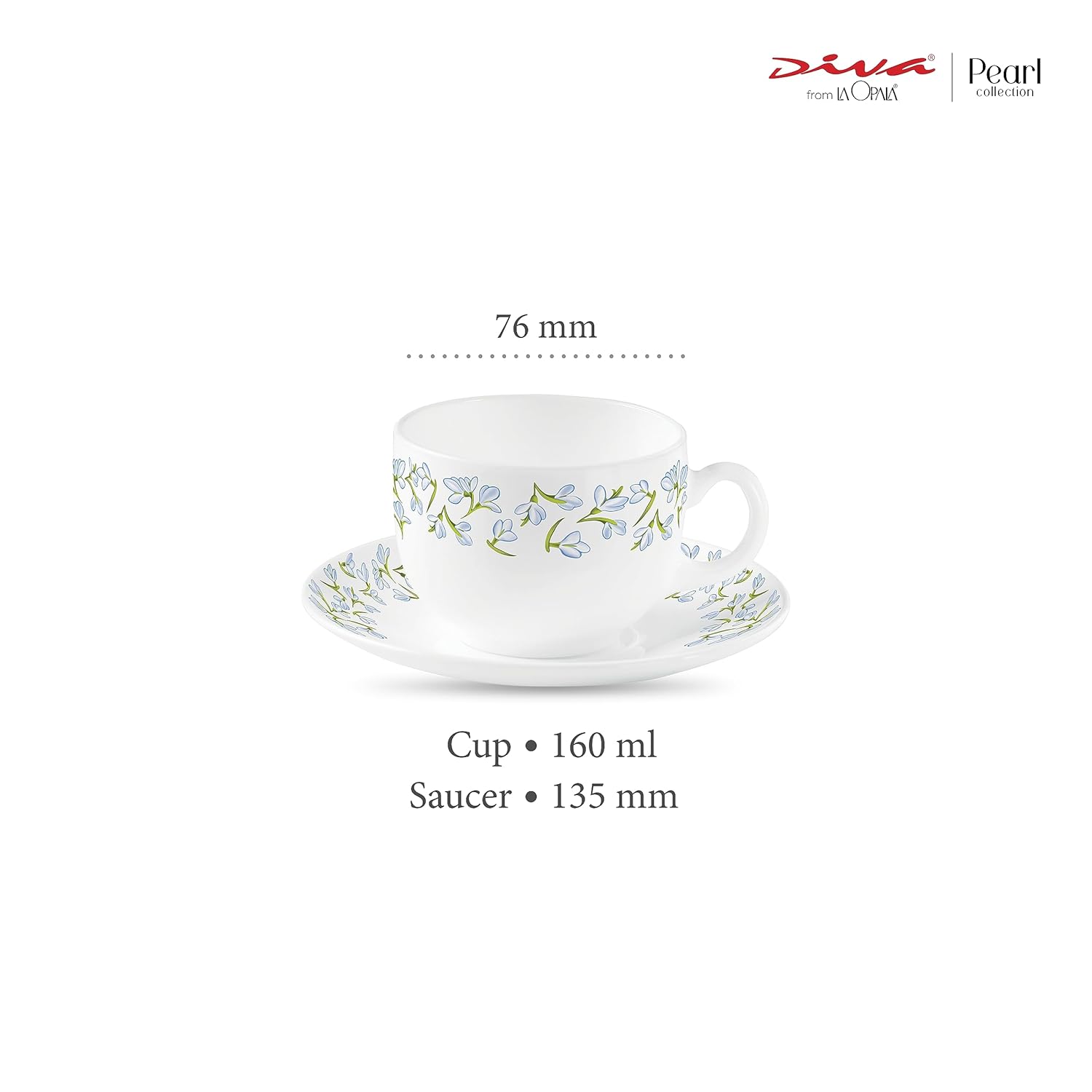 La Opala Diva, Pearl Collection Opal Glass Crockery | Cup & Saucer, Set of 12 | Silky Cluster, 160 ml | for Tea & Coffee | Microwave Safe | 100% Vegetarian | Extra Strong | Super Light | Super White