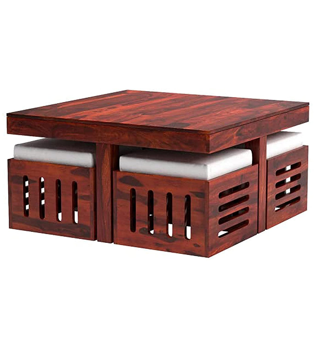 Sheesham Wood Square Coffee Table for Living Room | Wooden Center Table | with 4 Stools | Cream Cushi