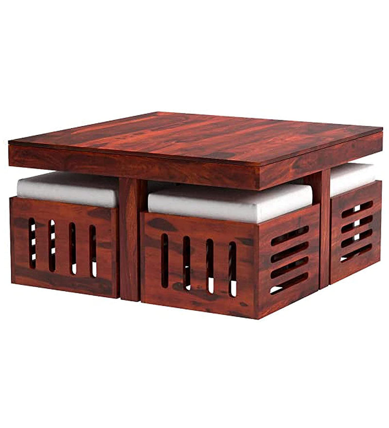Sheesham Wood Square Coffee Table for Living Room | Wooden Center Table | with 4 Stools | Cream Cushi