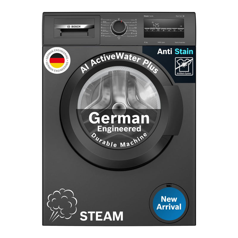 Bosch 8 kg, 5 Star, AI Active Water+, Anti-Tangle, Steam Anti Bacterial, Anti-Wrinkle Fully-Automatic Front Loading Washing Machine (WAJ2826BIN, In-Built Heater, Shiny Silver)
