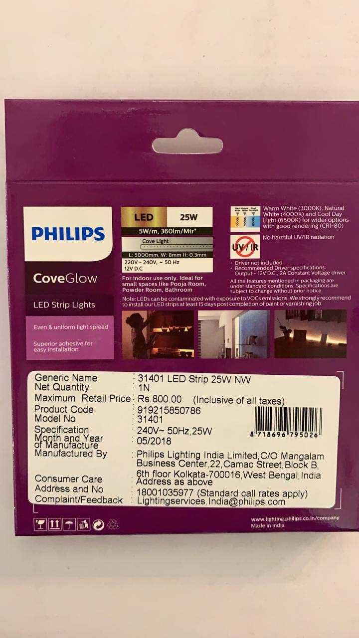 Philips LED Strip Cove Glow Lighting 24 watts 2amp with 2amp Driver (5 M, Warm White)