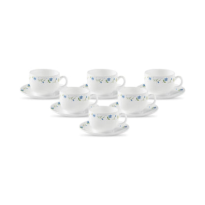 La Opala Diva, Opal Glass Crockery | Cup & Saucer Iris Regular, Set of 12 | Twilight Bouquet, 160 ml | for Tea & Coffee | Microwave Safe | 100% Vegetarian | Extra Strong | Super Light | Super White